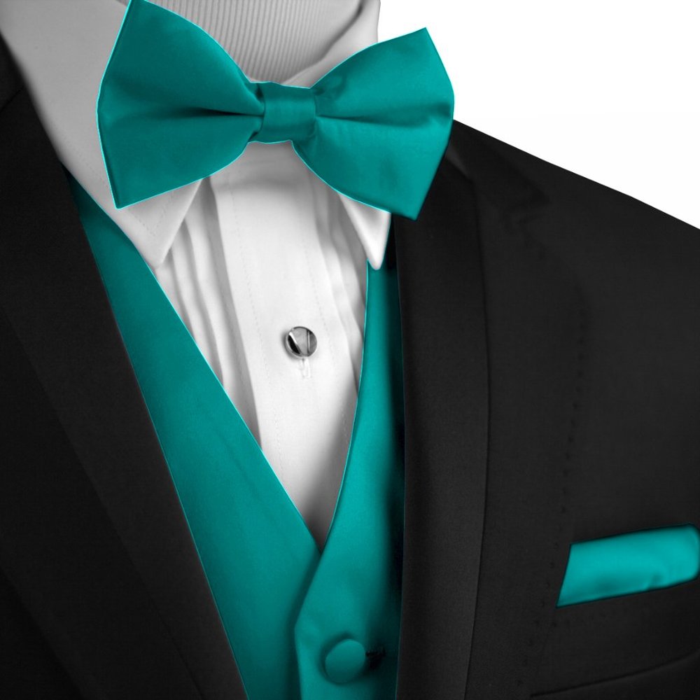 Men's Formal Wedding Prom Homecoming Tuxedo Vest Bow-Tie Hankie - Teal Satin